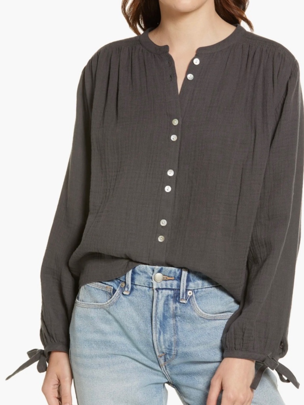 Faherty Women's Charcoal Button-Front Peasant Blouse